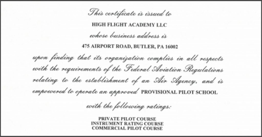 FAA Part 141 Flight School Certificate for High Flight Academy