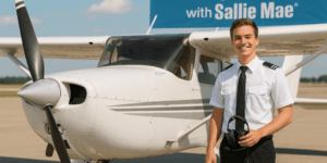 Professional airline career pilot student at High Flight Academy smiling in front of a plan and a banner that reads: Financing Your Future with Sallie Mae®.