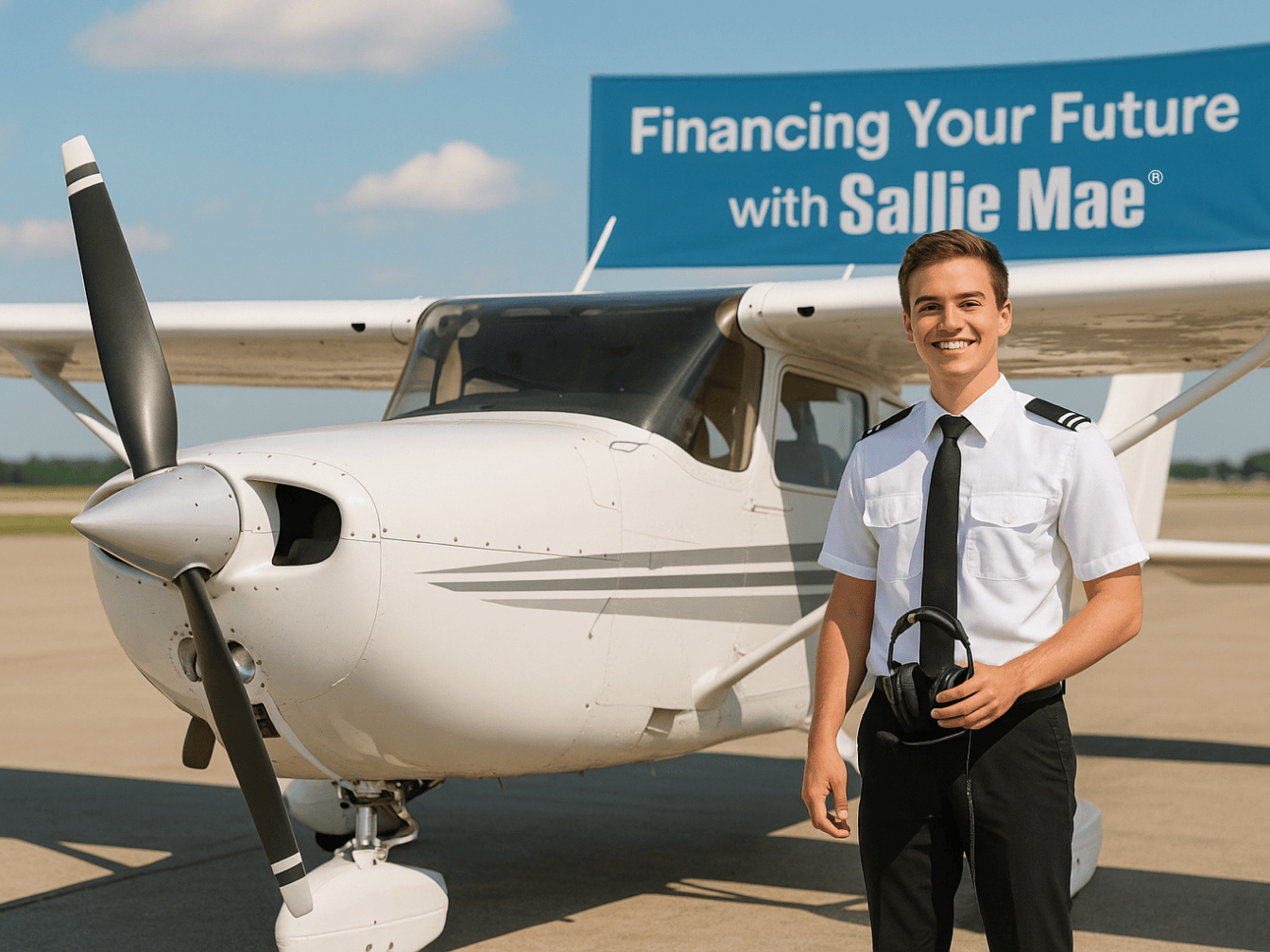 Professional airline career pilot student at High Flight Academy smiling in front of a plan and a banner that reads: Financing Your Future with Sallie Mae®.