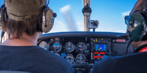 Student pilot flying with an instructor on the way to earning a private pilot certificate. High Flight Academy.