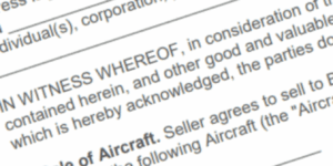 Image of a portion of a Sale of Aircraft contract representative of the Buying an Airplane process. High Flight Academy.