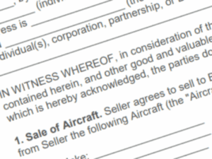 Image of a portion of a Sale of Aircraft contract representative of the Buying an Airplane process. High Flight Academy.